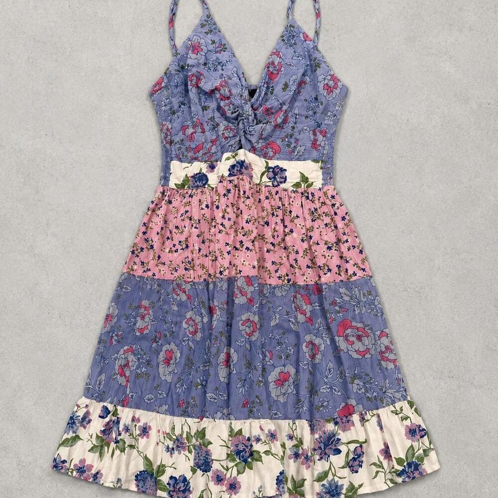 ANGIE Patchwork Floral Mini Dress Twist Front Smocked Boho Cottagecore S - Picture 2 of 5